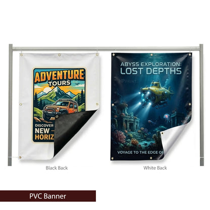 Two PVC banners with different designs on a stand against a white background.