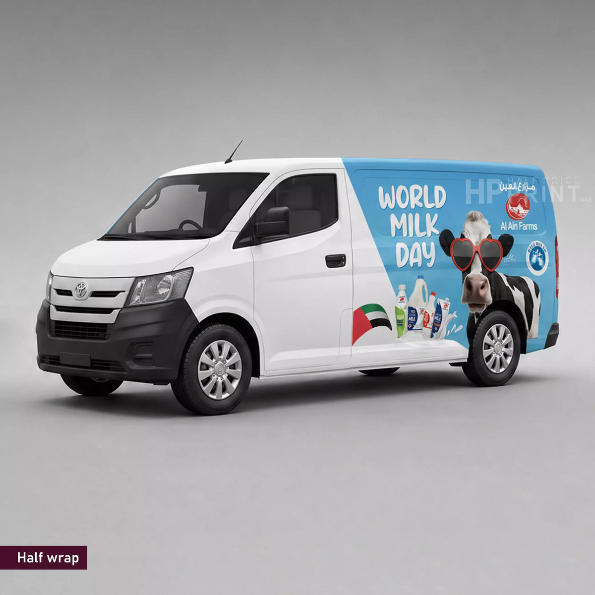 Van wraps with World Milk Day branding and a cow graphic on a gray background
