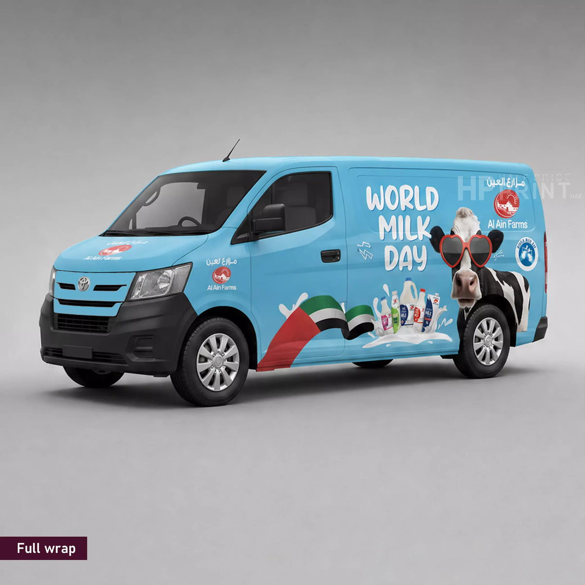 Full wrap on Van with World Milk Day branding and a cow graphic