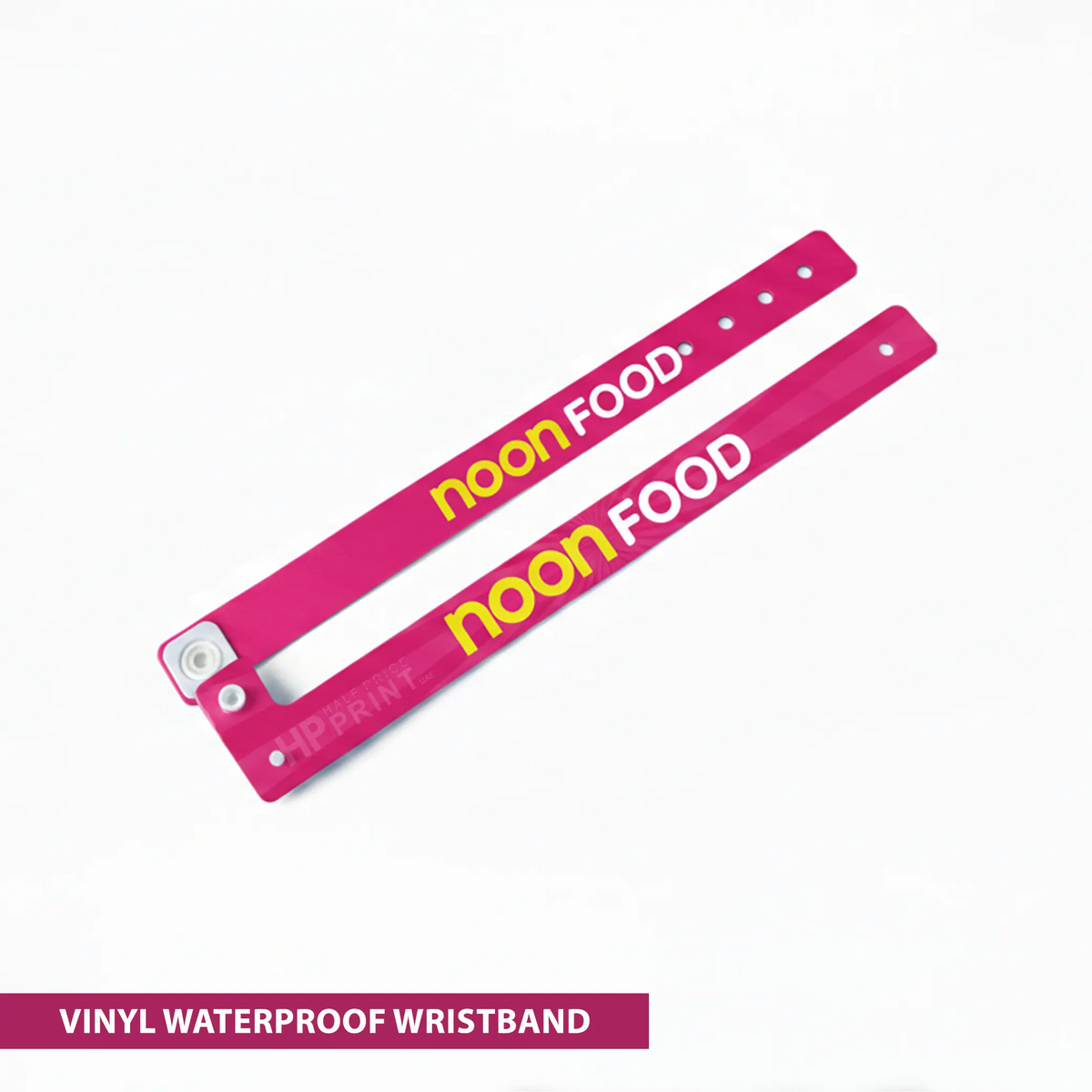 Pink vinyl wristband with 'noon FOOD' branding on a white background