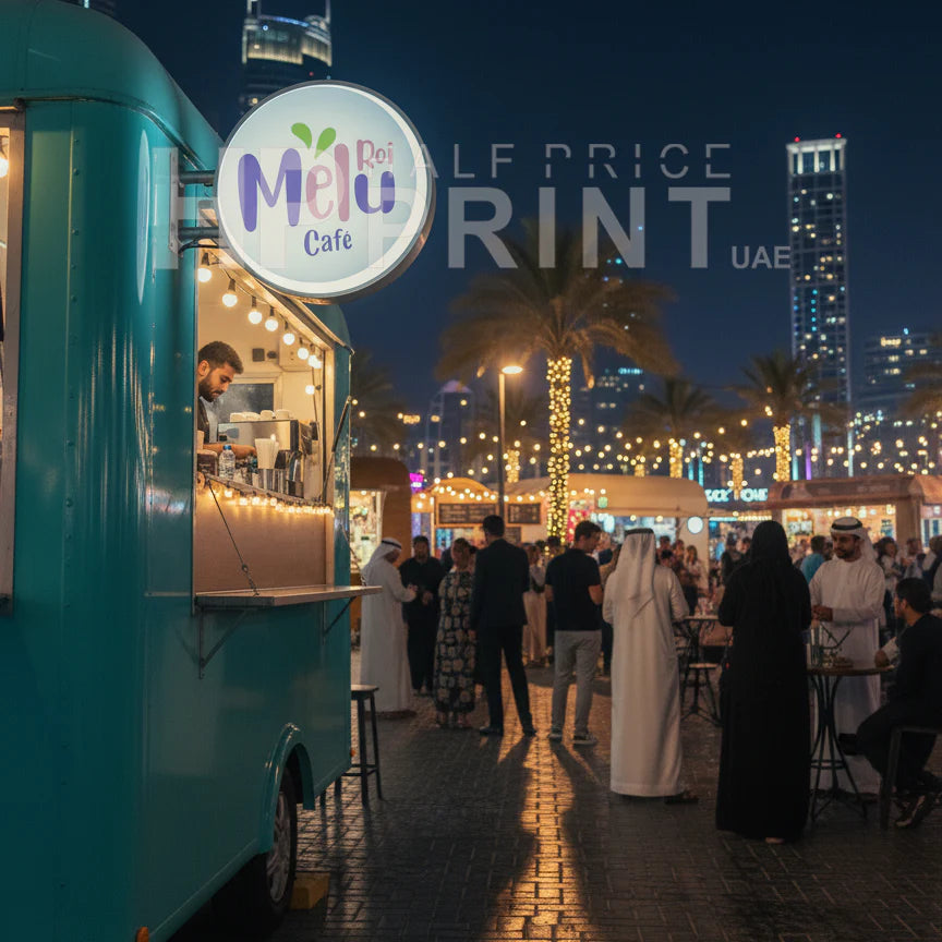Teal food truck with 'Melu Cafe' sign at night in a cityscape with tall buildings and palm trees.