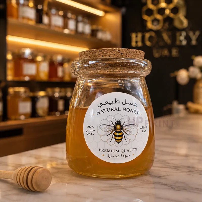 A glass jar of natural honey with a cork stopper and a round white pvc sticker featuring a bee illustration and Arabic text, placed on a marble surface with a wooden honey dipper in the foreground and a blurred honey shop background.